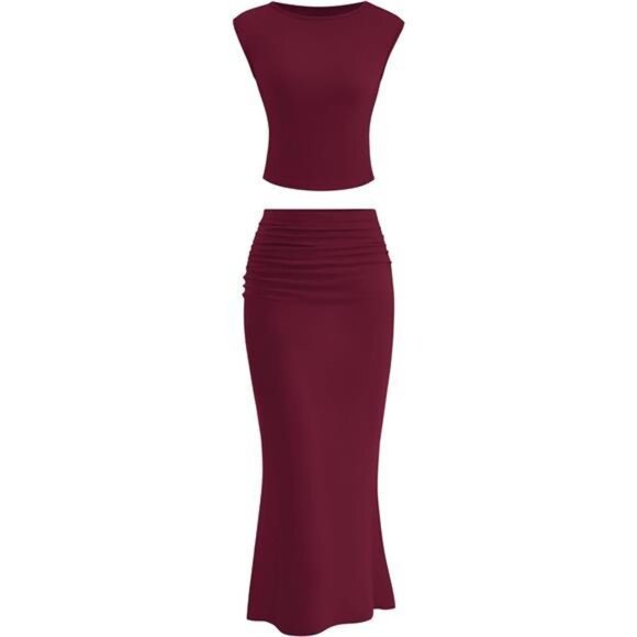 Skirt Sets Women 2 Piece Outfits Burgundy - Picture 1 of 6